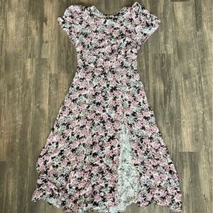 AFRM floral midi dress with front slit, smocked back, button closure at neck